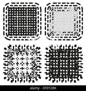 Woven mesh net square feature black vector set. This grunge lattice texture complements abstract background decorations. Stock Vector