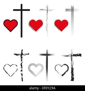 Drawn cross heart feature red vector collection. This simple religious love highlights abstract modern art layouts. Stock Vector