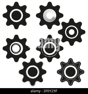 Gear cogwheel mechanism feature black vector set. This industrial machinery visualizes abstract tech engineering forms. Stock Vector