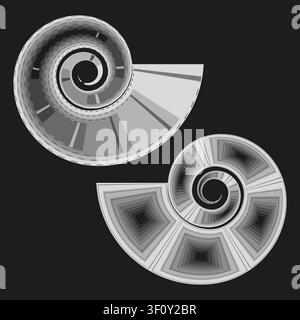 Spiral shell spin curve feature grey vector collection. This geometric segmented rotation complements abstract modern textures. Stock Vector