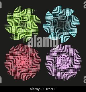 Neon spiral vortex feature colorful vector collection. This geometric rotation highlights hypnotic modern art layouts. Stock Vector
