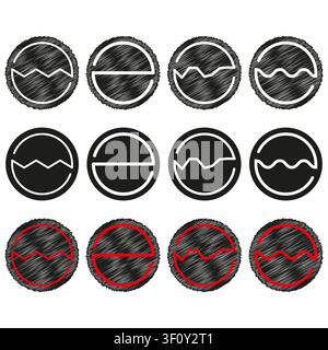 Circle wave badge form feature black vector set. This abstract fluid geometry highlights simple modern layout decorations. Stock Vector