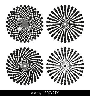Dotted circle sunburst mandala feature black vector set. This geometric optical illusion enhances abstract hypnotic textures. Stock Vector