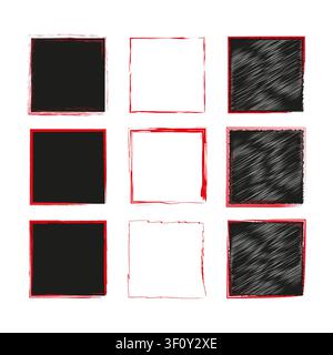 Abstract drawn square feature black vector set. This chaotic scribble shape enhances modern art backgrounds. Stock Vector