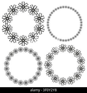 Geometric star wreath set black vector frame features circular border. Modern decorative ornament highlights elegant layout. Stock Vector