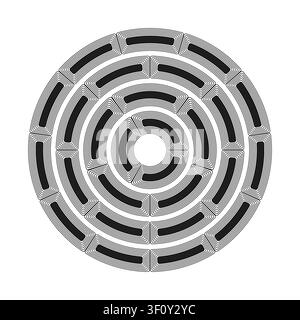 Concentric circle maze feature black vector pattern. This geometric segmented labyrinth represents simple tech layouts. Stock Vector