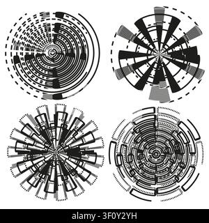 Circular radar interface feature black vector collection. This abstract geometric hud enhances modern tech backgrounds. Stock Vector