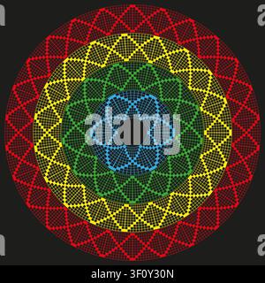 Dotted spiral mandala feature colorful vector shape. This abstract geometric star enhances hypnotic tech backgrounds. Stock Vector