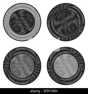 Round sketch button set black vector graphic features hatched texture. Hand drawn badge complements modern web interface. Stock Vector