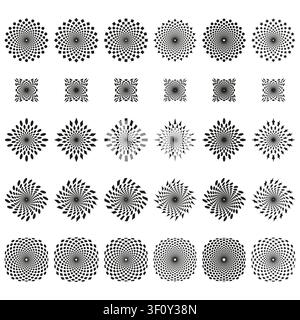 Dotted spiral star feature black vector collection. This abstract geometric mandala highlights hypnotic art backgrounds. Stock Vector