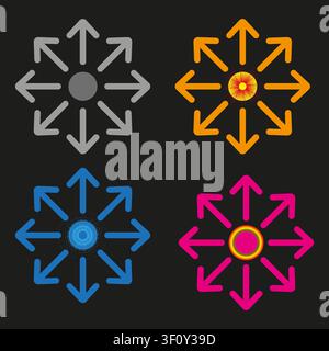 Radial arrow burst feature colorful vector set. This abstract geometric sunburst enhances modern tech navigation layouts. Stock Vector
