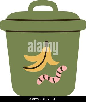 Cute hand-drawn compost bin with organic waste and worms. Eco gardening and recycling design element. vector illustration in doodle style Stock Vector