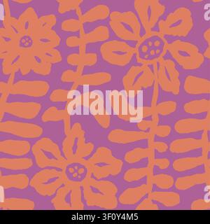 Orange and purple brush strokes inky flowers seamless pattern Stock Vector