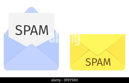 Spam Email Envelope Vector Illustration Junk Mail Unwanted Message Inbox Filter Blue and Yellow Flat Design Icons Stock Vector