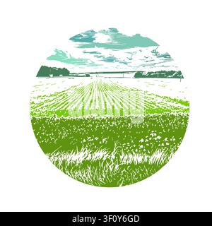 Vector illustration of beautiful summer landscape field in a circle. Logo object. Hand drawn. Not AI Stock Vector