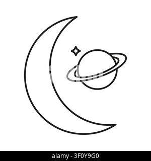 Crescent moon planet black vector icon features night sky. The space galaxy concept enhances modern astronomy applications. Stock Vector