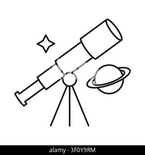 Space telescope planet black vector icon features observation tool. The galaxy discovery concept visualizes astronomy research. Stock Vector