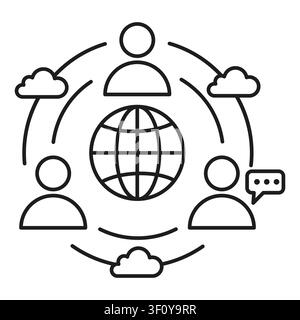 Global network cloud black vector icon features speech bubbles. The corporate dialogue concept highlights modern apps. Stock Vector