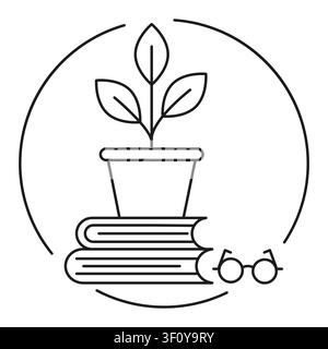 Potted plant book black vector icon features reading glasses. The botanical education concept complements nature study apps. Stock Vector