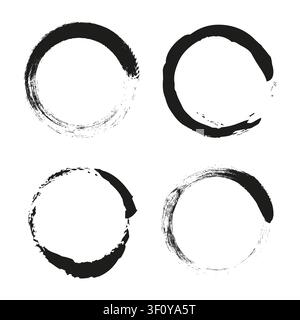 Circle ring brush set black vector shape features rough lines. The ink smear collection visualizes artistic abstract frames. Stock Vector