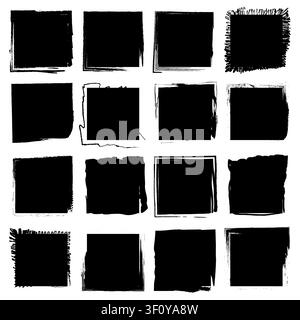 Square grunge brush stroke set black vector element features rough paint. The distressed geometry represents modern textures. Stock Vector