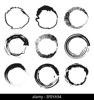 Circle ring brush set black vector shape features rough lines. The ink smear collection visualizes artistic frames. Stock Vector