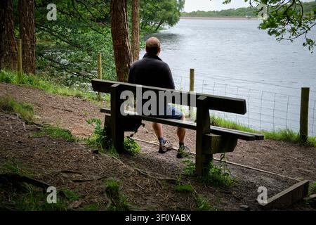 Lone man sits on a wooden bench watching the water Stock Photo