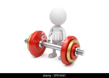 3d rendering of a white 3d character standing next to a barbell with red and gold plates, isolated on white background. Stock Photo
