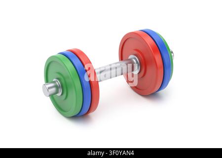 3d rendering of a dumbbell with red, blue, and green plates on a rack stand, matte plastic finish, isolated on white. Stock Photo