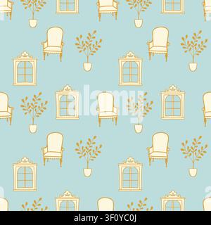 Vintage home interior seamless pattern with classic armchairs windows and potted plants on light blue background vector illustration for nursery decor Stock Vector