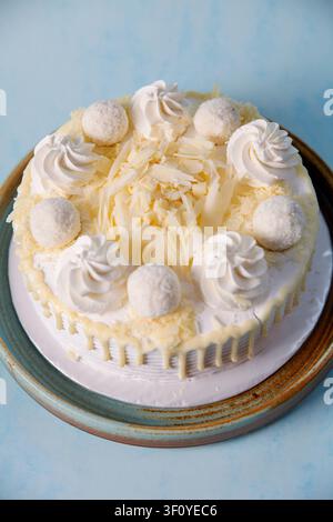 A round cake sits on a plate. It has white cream frosting and coconut shavings on top. Small round desserts are placed around the cake. Stock Photo