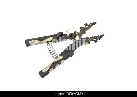 Open Multi-Functional Wire Stripper and Pliers Tool Isolated on White Background Stock Photo