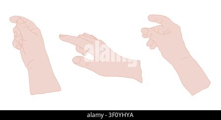 Hands with various gestures, a set of hand-drawn sketches. Vector illustration. Line drawing isolated on a white background. Palms point, pray, clench Stock Vector