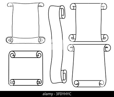 Scrolls and rolls of paper, black and white sketch. Vector illustration. A simple linear drawing of a papyrus or manuscript, isolated on a white backg Stock Vector