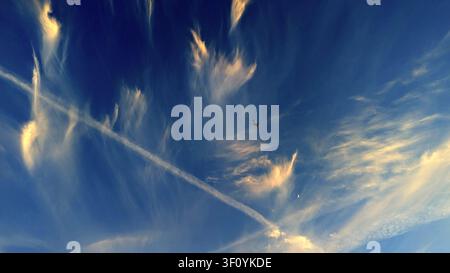 A commercial passenger aircraft silhouetted against dramatic cirrus cloud formations and a condensation trail in the evening sky above Essex, England. The photograph shows high-altitude cloud structures shaped by upper-atmosphere winds alongside evidence of routine commercial air traffic crossing south-east England airspace. Images of this type are frequently used in editorial coverage relating to aviation, weather systems, climate discussion, transport infrastructure and environmental observation. The scene highlights the interaction between aircraft movement and natural atmospheric condition Stock Photo