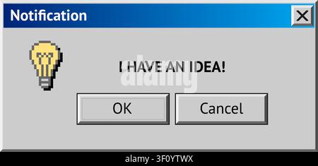 Retro computer notification popup window showing lightbulb idea message with ok button Stock Vector