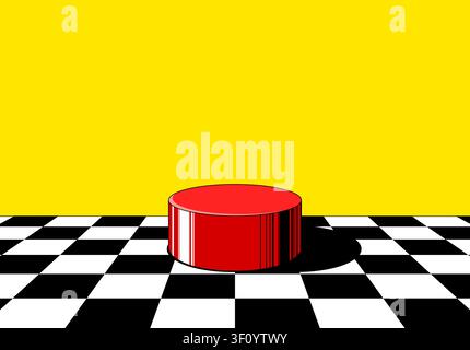Red round pedestal or podium in pop art comic art with checkered floor and yellow background Stock Vector