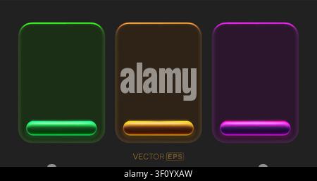 Modern abstract frames with vibrant neon glowing borders and interactive buttons. Ideal for tech or UI designs. Vector illustration. Stock Vector