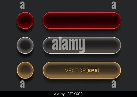 Modern glossy UI button set with stylish elements. Red, silver, and gold variations for web and app design. Vector illustration. Stock Vector