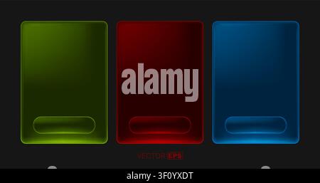 Set of modern glass UI elements with buttons in green, red, and blue on a dark background. Vector illustration Stock Vector