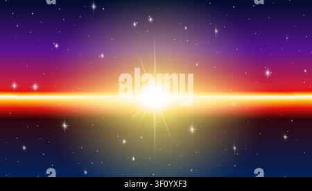 Dark space background with bright horizontal sunburst flare and colorful starry gradient Stock Vector