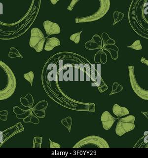Horseshoe and clover vector seamless pattern on dark green background. Shamrock silhouette and contour drawing repeated. Decorative botanical endless Stock Vector