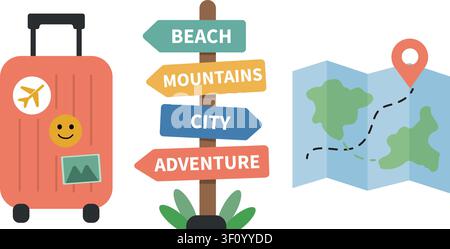 Travel Essentials Icon Set with Rolling Suitcase, Folded Map and Vacation Accessories. Flat 2D Vector Illustration Stock Vector