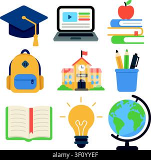 School Supplies Icons Set. Flat Educational Stationery Collection for Back to School Design Stock Vector