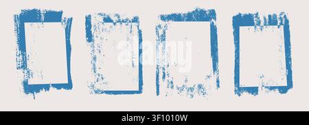 Linocut print with grunge ink texture and rough roller marks creates an authentic printmaking frame. Set vintage rectangle borders. Wide stripes rough textures. Vector illustration Stock Vector