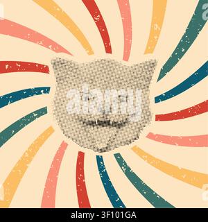 Halftone Cat Head Groovy Grunge Texture Background Stock Vector