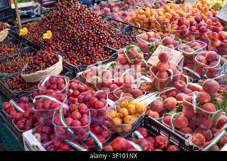 Summer fruit stall at outdoor market in Palermo, Sicily, Italy Stock Photo