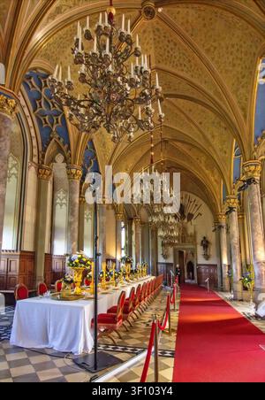 Magnificent ceremonial banquet hall inside Hohenzollern Castle featuring Gothic architecture, ornate chandeliers, stained glass, elegant dining arrang Stock Photo