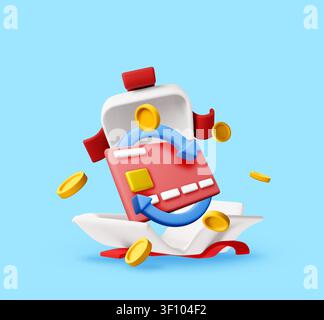 3d credit card with rotating arrow floating above opened gift box with gold coins. Online shopping and cashback reward concept. Financial payment syst Stock Vector