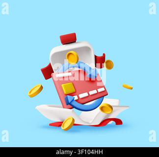 3d credit card with rotating arrow floating above opened gift box with gold coins. Online shopping and cashback reward concept. Financial payment syst Stock Vector